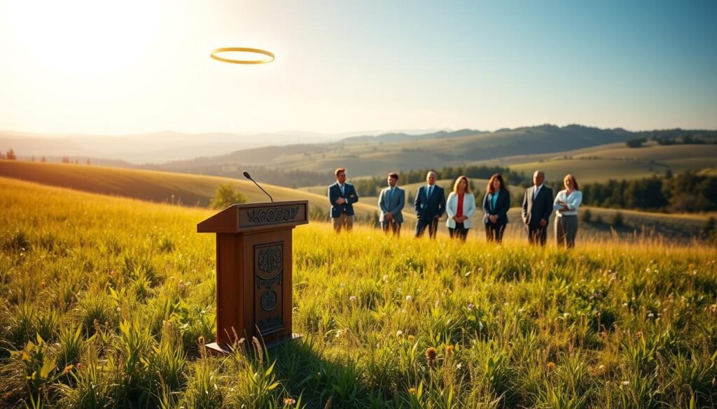 A serene, sun-dappled meadow, with lush green grass and a scattering of vibrant wildflowers. In the foreground, a wooden lectern stands, its surface adorned with intricate carvings. Hovering above the lectern, a glowing golden halo emits a soft, warm light, illuminating the scene. In the middle ground, a group of individuals, dressed in professional attire, listen intently, their faces radiating understanding and enthusiasm. The background is a rolling landscape of rolling hills and distant trees, bathed in a golden glow that creates a sense of tranquility and possibility. The overall atmosphere conveys the benefits of private label rights - empowerment, opportunity, and the freedom to create.
