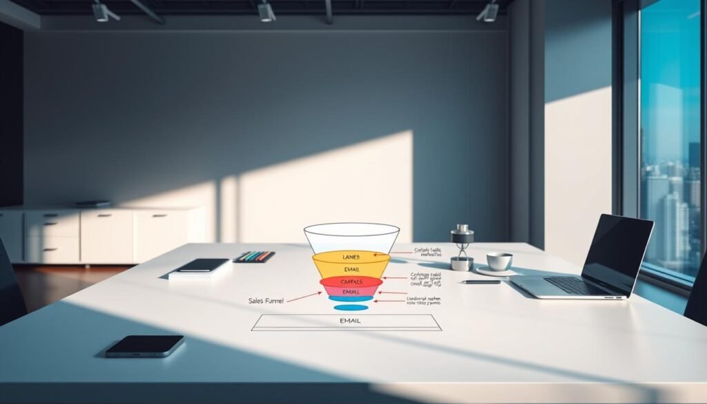 A sleek and modern office space, with a large desk showcasing a laptop, smartphone, and various office supplies. The foreground features a sales funnel diagram, meticulously drawn with clean lines and vibrant colors, illustrating the stages of a successful email marketing campaign. Soft, directional lighting casts subtle shadows, creating a sense of depth and emphasizing the key elements. In the background, a minimalist wall with a large window overlooking a bustling city skyline, conveying a professional and productive atmosphere. The overall mood is one of efficiency, optimization, and a focus on driving sales through strategic email marketing.