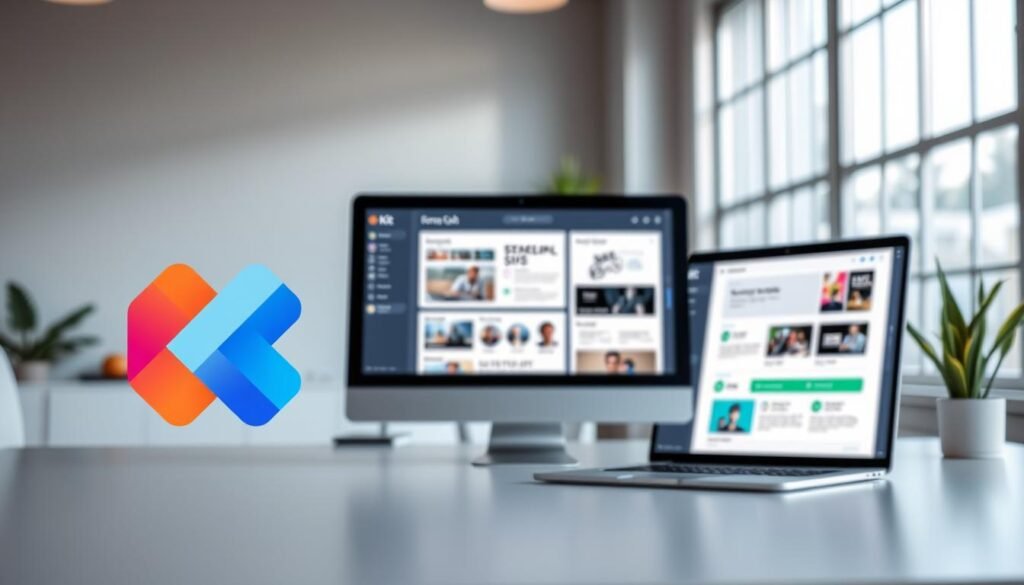 A sleek, modern email marketing platform with a clean, minimalist user interface. In the foreground, the Kit logo stands out prominently, its distinctive geometric shapes and vibrant color scheme conveying a sense of professionalism and innovation. The middle ground features various email templates and campaign analytics displayed on a responsive, high-resolution screen, showcasing Kit's powerful yet user-friendly features. The background depicts a serene, pastel-hued workspace, with natural light filtering in through large windows, creating a calm and productive atmosphere. The image is captured with a crisp, high-quality lens, highlighting the platform's attention to detail and overall visual appeal. A sleek, modern email marketing platform with a clean, minimalist user interface. In the foreground, the Kit logo stands out prominently, its distinctive geometric shapes and vibrant color scheme conveying a sense of professionalism and innovation. The middle ground features various email templates and campaign analytics displayed on a responsive, high-resolution screen, showcasing Kit's powerful yet user-friendly features. The background depicts a serene, pastel-hued workspace, with natural light filtering in through large windows, creating a calm and productive atmosphere. The image is captured with a crisp, high-quality lens, highlighting the platform's attention to detail and overall visual appeal.