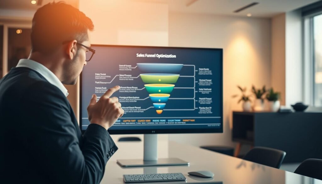 A sleek, modern office setting with a large monitor displaying a detailed sales funnel diagram. In the foreground, a businessman is intently studying the funnel, his fingers tracing the various stages. Soft, warm lighting casts a subtle glow, creating an atmosphere of thoughtful concentration. The background features minimalist decor, with clean lines and neutral tones, allowing the central focus to remain on the sales funnel optimization process. The scene conveys a sense of strategic planning and data-driven decision making, essential for driving business growth. A sleek, modern office setting with a large monitor displaying a detailed sales funnel diagram. In the foreground, a businessman is intently studying the funnel, his fingers tracing the various stages. Soft, warm lighting casts a subtle glow, creating an atmosphere of thoughtful concentration. The background features minimalist decor, with clean lines and neutral tones, allowing the central focus to remain on the sales funnel optimization process. The scene conveys a sense of strategic planning and data-driven decision making, essential for driving business growth.