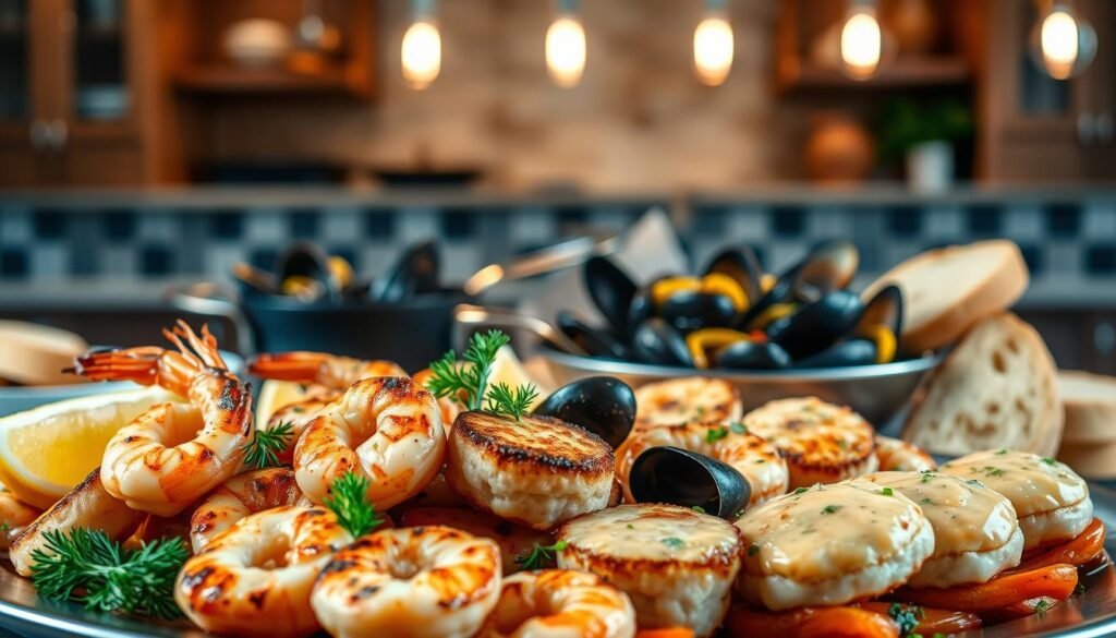 A sumptuous seafood feast set against a warm, inviting kitchen backdrop. In the foreground, a platter showcases a mouthwatering arrangement of grilled shrimp, seared scallops, and delicate crab cakes, garnished with fresh lemon wedges and sprigs of dill. The middle ground features a sizzling pan of sautéed mussels in a fragrant white wine sauce, accompanied by crusty bread for dipping. In the background, the scene is bathed in the soft glow of pendant lighting, creating an atmosphere of cozy sophistication. The overall composition evokes a sense of culinary elegance and the alluring aroma of a delectable seafood medley.