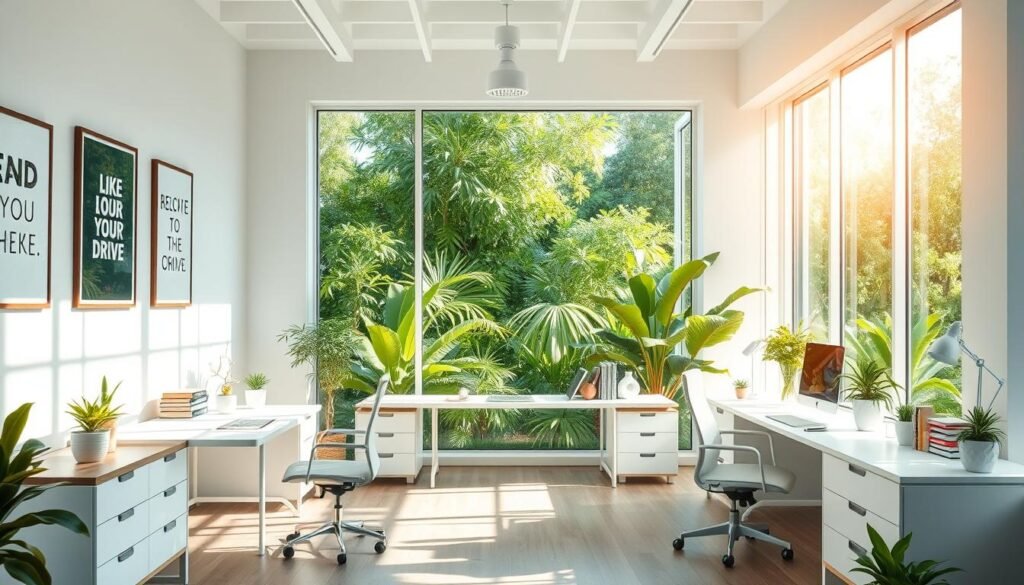 A sunlit office workspace, brimming with natural light and vibrant greenery. Sleek, modern furniture in shades of white and wood create a minimalist, organized atmosphere. A large window overlooking a lush, verdant garden, blurring the line between indoors and out. Motivational artwork adorns the walls, infusing the space with an air of inspiration and drive. Soft, directional lighting casts a warm, inviting glow, while strategic shelving displays a collection of inspiring books and trinkets. This harmonious blend of form and function cultivates a sense of focus, productivity and a desire to achieve.
