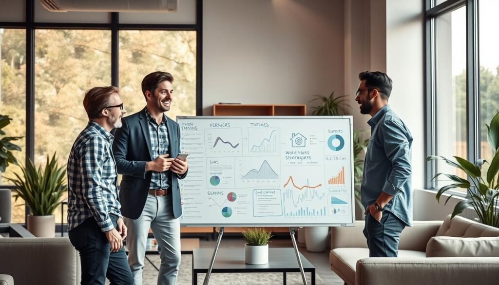 A vibrant and modern digital office setting, with large windows allowing natural light to stream in. In the foreground, three successful digital entrepreneurs are engaged in a lively discussion, their body language and expressions conveying a sense of confidence and achievement. In the middle ground, a large whiteboard displays intricate business diagrams and statistics, highlighting their proven strategies. The background features sleek, minimalist furniture and decor, creating a polished and professional atmosphere. The lighting is soft and even, capturing the entrepreneurs in a flattering glow. The overall scene reflects the culmination of their hard work and the valuable insights they can share as case studies.