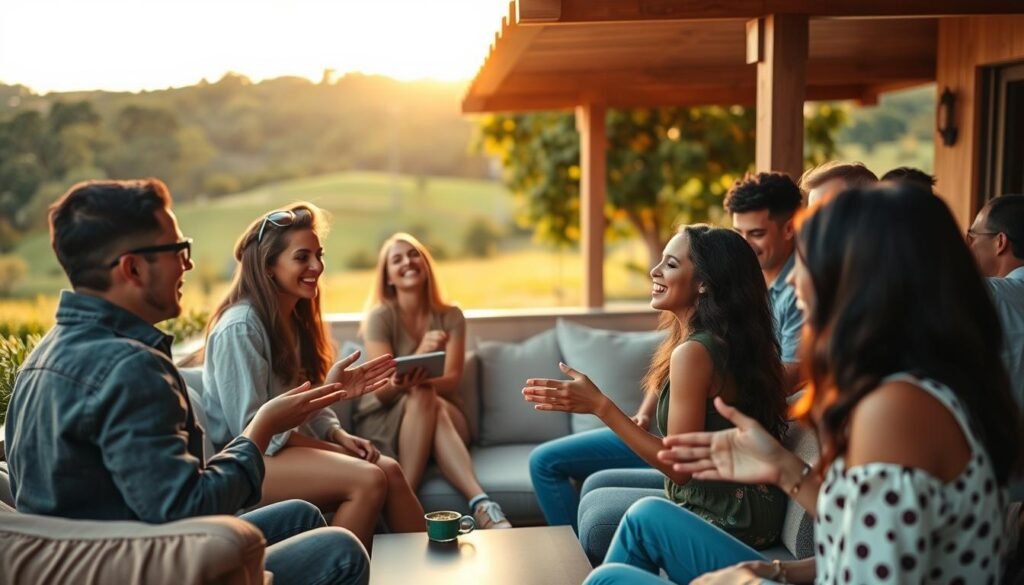 A vibrant social scene with a group of diverse, cheerful individuals gathered in a relaxed, open-air setting. In the foreground, friends are engaged in lively conversations, gesturing animatedly and sharing genuine smiles. The middle ground features a cozy seating area with plush furnishings, creating an inviting atmosphere for casual mingling. In the background, a lush, verdant landscape provides a serene, natural backdrop, bathed in the warm glow of golden hour lighting. The overall mood is one of camaraderie, positivity, and a sense of connection, capturing the essence of socializing and the energy it can bring to boost confidence. A vibrant social scene with a group of diverse, cheerful individuals gathered in a relaxed, open-air setting. In the foreground, friends are engaged in lively conversations, gesturing animatedly and sharing genuine smiles. The middle ground features a cozy seating area with plush furnishings, creating an inviting atmosphere for casual mingling. In the background, a lush, verdant landscape provides a serene, natural backdrop, bathed in the warm glow of golden hour lighting. The overall mood is one of camaraderie, positivity, and a sense of connection, capturing the essence of socializing and the energy it can bring to boost confidence.