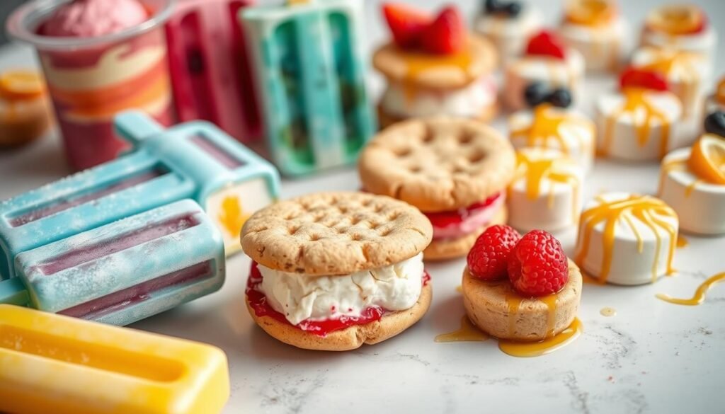 A visually enticing spread of quick and easy frozen treats, captured in a vibrant, appetizing composition. In the foreground, an array of homemade popsicles, their vibrant colors and textural details enhanced by soft, diffused lighting. In the middle ground, a selection of fruity ice cream sandwiches, their creamy interiors peeking out from between crisp, homemade cookies. In the background, a scattering of bite-sized frozen yogurt bites, their toppings of fresh berries and drizzles of honey adding pops of color. The overall scene conveys a sense of casual, effortless indulgence, perfect for a warm summer day. A visually enticing spread of quick and easy frozen treats, captured in a vibrant, appetizing composition. In the foreground, an array of homemade popsicles, their vibrant colors and textural details enhanced by soft, diffused lighting. In the middle ground, a selection of fruity ice cream sandwiches, their creamy interiors peeking out from between crisp, homemade cookies. In the background, a scattering of bite-sized frozen yogurt bites, their toppings of fresh berries and drizzles of honey adding pops of color. The overall scene conveys a sense of casual, effortless indulgence, perfect for a warm summer day.