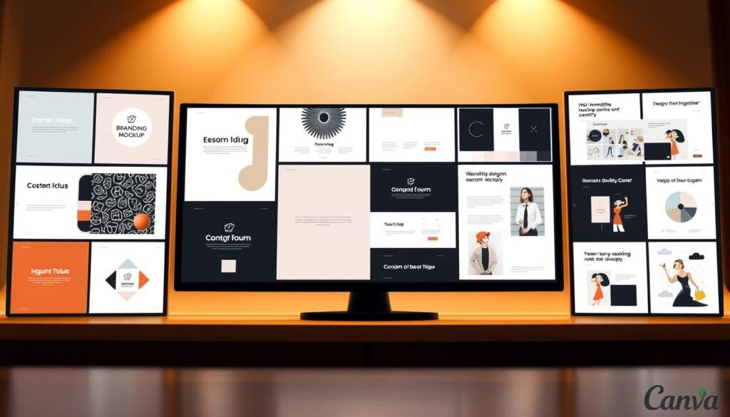 A well-designed professional portfolio showcasing a range of high-quality Canva creations. In the foreground, a clean and minimalist layout presents several artfully arranged design pieces, including branding mockups, social media graphics, and website illustrations. The middle ground features a tasteful blend of typography, shapes, and negative space, creating a visually striking and cohesive presentation. The background is softly blurred, maintaining the focus on the portfolio's content. Warm, directional lighting illuminates the work, lending a sense of depth and dimension. The overall aesthetic is modern, polished, and reflective of the designer's attention to detail and creative prowess. A well-designed professional portfolio showcasing a range of high-quality Canva creations. In the foreground, a clean and minimalist layout presents several artfully arranged design pieces, including branding mockups, social media graphics, and website illustrations. The middle ground features a tasteful blend of typography, shapes, and negative space, creating a visually striking and cohesive presentation. The background is softly blurred, maintaining the focus on the portfolio's content. Warm, directional lighting illuminates the work, lending a sense of depth and dimension. The overall aesthetic is modern, polished, and reflective of the designer's attention to detail and creative prowess.