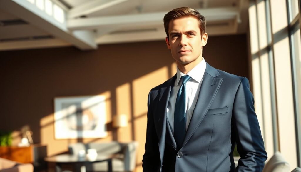 A well-dressed professional stands confidently in a sun-dappled office, dressed in a tailored navy suit with crisp white shirt and coordinating silk tie. The lighting is soft and flattering, casting subtle shadows that accentuate the sharp lines of the outfit. The background is a tasteful blend of modern furniture and decor, creating a polished, executive ambiance. The model's posture is upright yet relaxed, projecting an aura of competence and self-assurance. This is a stylish, aspirational depiction of "Dress for Success" - a visual representation of how thoughtful wardrobe choices can instantly boost one's professional presence and inner confidence. A well-dressed professional stands confidently in a sun-dappled office, dressed in a tailored navy suit with crisp white shirt and coordinating silk tie. The lighting is soft and flattering, casting subtle shadows that accentuate the sharp lines of the outfit. The background is a tasteful blend of modern furniture and decor, creating a polished, executive ambiance. The model's posture is upright yet relaxed, projecting an aura of competence and self-assurance. This is a stylish, aspirational depiction of "Dress for Success" - a visual representation of how thoughtful wardrobe choices can instantly boost one's professional presence and inner confidence.
