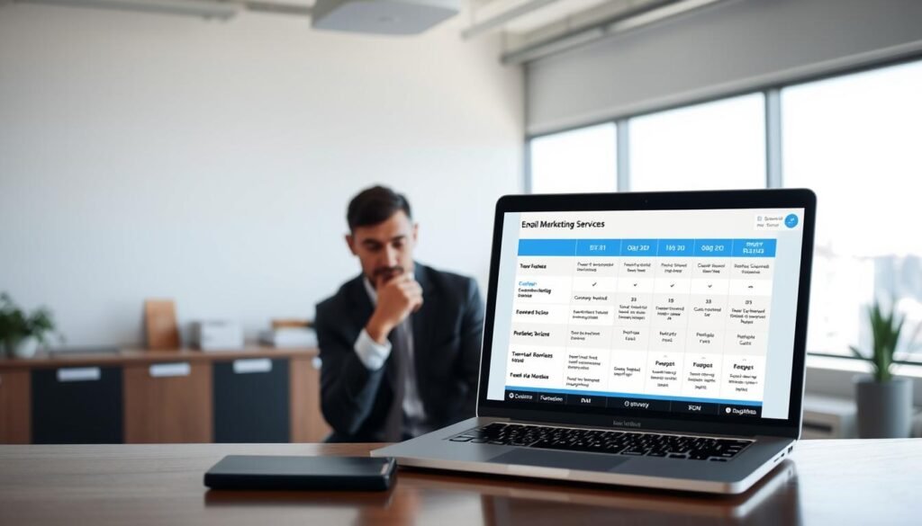 A well-lit, modern office scene with a desk showcasing various email marketing service providers' logos and branding elements. In the foreground, a laptop screen displays a detailed comparison of the providers' features, pricing, and customer reviews. The middle ground features a person, dressed professionally, carefully evaluating the information on the screen, hand on chin, deep in thought. The background has a minimalist, clean design with a large window overlooking a cityscape, bathing the scene in soft, natural light. The overall atmosphere conveys a sense of thoughtful analysis and informed decision-making. A well-lit, modern office scene with a desk showcasing various email marketing service providers' logos and branding elements. In the foreground, a laptop screen displays a detailed comparison of the providers' features, pricing, and customer reviews. The middle ground features a person, dressed professionally, carefully evaluating the information on the screen, hand on chin, deep in thought. The background has a minimalist, clean design with a large window overlooking a cityscape, bathing the scene in soft, natural light. The overall atmosphere conveys a sense of thoughtful analysis and informed decision-making.