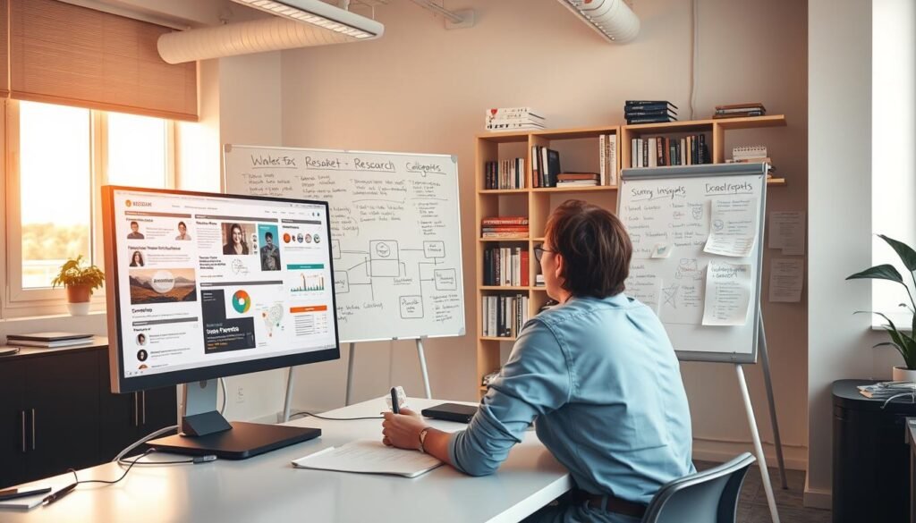A well-lit, modern office setting with a clean, minimalist aesthetic. In the foreground, a person sits at a desk, intently studying market research data and user personas displayed on a sleek computer screen. The middle ground features a large whiteboard covered in notes, diagrams, and customer insights. In the background, shelves hold relevant books and industry publications. Warm, natural lighting floods the space, creating a contemplative, focused atmosphere ideal for strategic analysis and audience profiling.