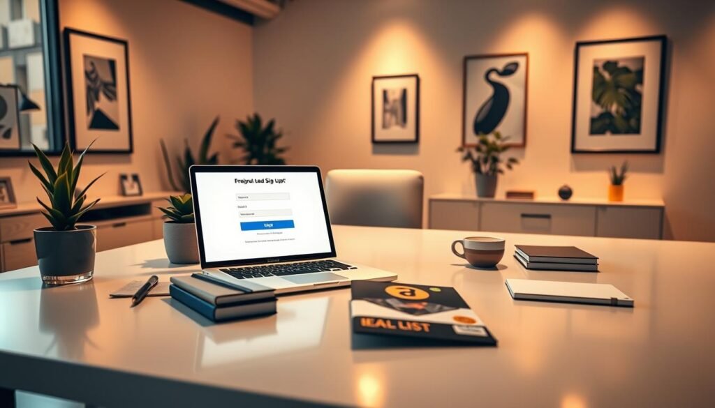 A well-lit, modern office space with a large, sleek desk showcasing an open laptop displaying an email signup form. On the desk, an assortment of stationery and a thoughtfully designed lead magnet - perhaps a brochure or ebook - sits alongside a stylish potted plant. The walls are adorned with minimalist art pieces, creating a professional yet inviting atmosphere. Warm, directional lighting illuminates the scene, casting subtle shadows and highlights that draw the viewer's eye to the focal point - the lead magnet and email signup process. The overall composition conveys a sense of productivity, organization, and a deliberate strategy for building an email list through an effective lead generation tactic.