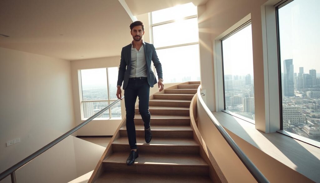 Foreground: A person confidently striding forward, their expression determined, taking measured steps up a winding staircase made of stone. Sunlight streaming through windows illuminates their face, casting a warm glow. Middle: The staircase winds through an airy, modern interior. Minimalist yet elegant design elements - clean lines, neutral tones, and sparse decor - create a serene, inspiring atmosphere. Background: Expansive windows offer a picturesque view of a vibrant cityscape, skyscrapers dotting the horizon. The distant skyline symbolizes the limitless potential that awaits the person on their journey of self-improvement. Lighting: Soft, natural light from the windows, creating a sense of hope and possibility. Shadows cast by the stairs add depth and dimension. Lens: Wide-angle lens to capture the full scope of the staircase, interior, and cityscape, emphasizing the person's progress and the expansive opportunities ahead. Mood: Aspirational, determined, and empowered. The image conveys the idea of