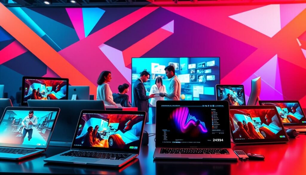 Prompt A vibrant digital landscape, showcasing a dynamic display of digital product marketing services. In the foreground, an array of modern devices, such as laptops, tablets, and smartphones, each displaying visually captivating digital content. The middle ground features a team of passionate individuals collaborating, brainstorming, and strategizing to deliver exceptional digital marketing solutions. The background is a blend of bold, geometric shapes and gradients, creating a futuristic, tech-driven atmosphere. Warm, directional lighting illuminates the scene, casting subtle shadows and highlighting the intricate details of the digital products and the professionals' expressions. The overall composition conveys a sense of innovation, collaboration, and the power of digital marketing to drive success. Prompt A vibrant digital landscape, showcasing a dynamic display of digital product marketing services. In the foreground, an array of modern devices, such as laptops, tablets, and smartphones, each displaying visually captivating digital content. The middle ground features a team of passionate individuals collaborating, brainstorming, and strategizing to deliver exceptional digital marketing solutions. The background is a blend of bold, geometric shapes and gradients, creating a futuristic, tech-driven atmosphere. Warm, directional lighting illuminates the scene, casting subtle shadows and highlighting the intricate details of the digital products and the professionals' expressions. The overall composition conveys a sense of innovation, collaboration, and the power of digital marketing to drive success.