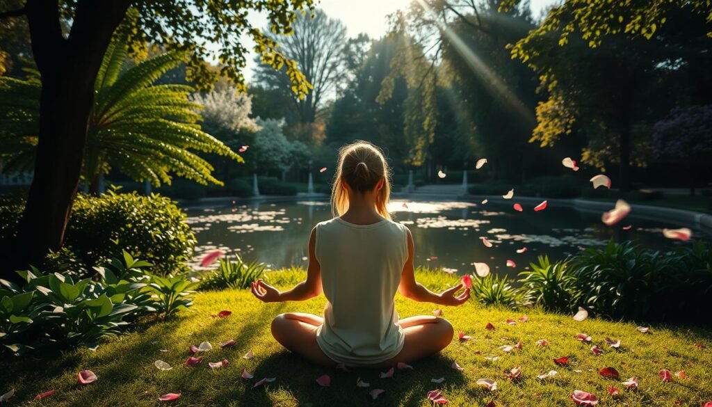 Serene meditation garden, lush foliage and a tranquil pond reflecting the sky. Sunlight filters through the trees, casting a warm, calming glow. In the foreground, a person sits cross-legged, eyes closed, palms upturned in a pose of mindful contemplation. Surrounding the meditator, delicate flower petals drift lazily on a gentle breeze. The scene conveys a sense of inner peace, balance, and connection with nature.