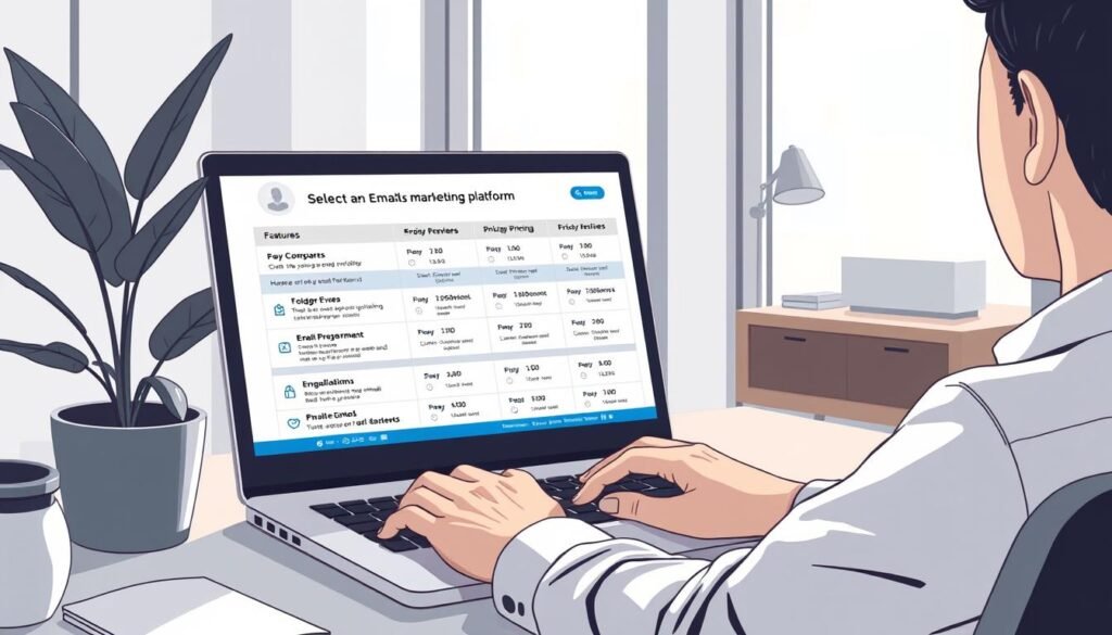 a detailed digital illustration of a person selecting an email marketing platform on a laptop screen, the screen displays a comparison of different email service providers with their features, pricing, and reviews. The user is sitting at a desk in a modern home office, the room is filled with natural light from a large window, a houseplant and minimalist decor create a calming atmosphere. The user is wearing casual business attire, their face is visible but not the main focus. The overall composition conveys a sense of productivity, research, and consideration when choosing the right email marketing tool. a detailed digital illustration of a person selecting an email marketing platform on a laptop screen, the screen displays a comparison of different email service providers with their features, pricing, and reviews. The user is sitting at a desk in a modern home office, the room is filled with natural light from a large window, a houseplant and minimalist decor create a calming atmosphere. The user is wearing casual business attire, their face is visible but not the main focus. The overall composition conveys a sense of productivity, research, and consideration when choosing the right email marketing tool.