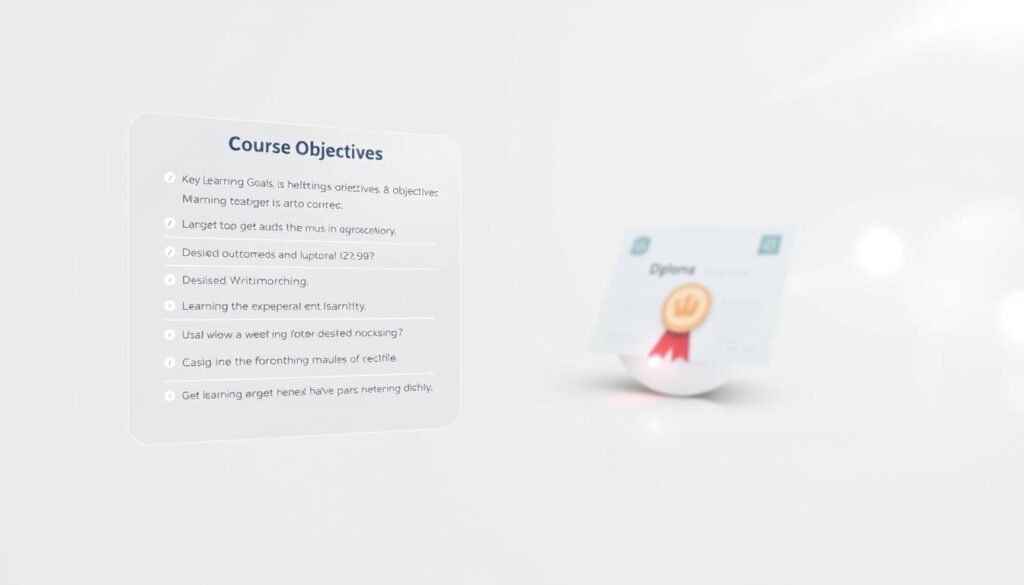 a detailed technical diagram of course objectives, set against a clean white background. The foreground features a grid of bulleted points outlining key learning goals, objectives, and desired outcomes, displayed on a floating holographic interface with a sleek, minimalist design. The middle ground shows a three-dimensional model of a diploma or certificate, casting a soft glow. The background features subtle lighting effects and a depth of field blur, creating a sense of depth and focus on the central elements.