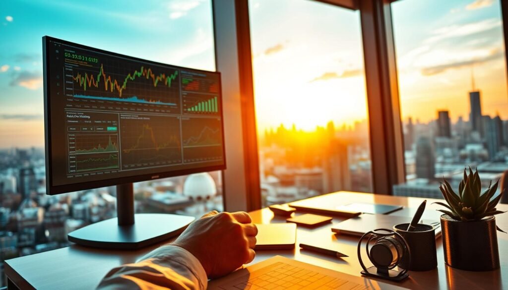 a tranquil office setting with a large window overlooking a bustling city skyline, the warm glow of golden hour lighting filtering in, casting a soft, dreamy ambiance; in the foreground, a professional's hands carefully analyzing stock charts and financial data displayed on a high-resolution monitor, conveying a sense of thoughtful deliberation and strategic investment decisions; the middle ground features various investment-related objects such as a sleek laptop, a well-organized desk with a pen holder and a succulent plant, creating an atmosphere of focused productivity; the background showcases the vibrant city landscape, hinting at the broader economic context and the potential opportunities for growth and expansion.