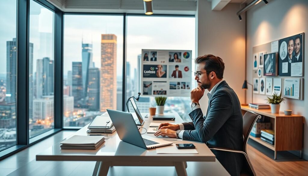 digital product marketing, modern office setting with sleek, minimalist interior design, large window overlooking a vibrant city skyline, warm natural lighting filtering in, a clean, uncluttered workspace with a stylish desk, laptop, and various digital devices, a mood board or inspiration wall showcasing digital product designs, branding assets, and marketing campaign ideas, a thoughtful, focused entrepreneur or digital marketer working on a new digital product strategy, a sense of productivity, creativity, and forward-thinking innovation digital product marketing, modern office setting with sleek, minimalist interior design, large window overlooking a vibrant city skyline, warm natural lighting filtering in, a clean, uncluttered workspace with a stylish desk, laptop, and various digital devices, a mood board or inspiration wall showcasing digital product designs, branding assets, and marketing campaign ideas, a thoughtful, focused entrepreneur or digital marketer working on a new digital product strategy, a sense of productivity, creativity, and forward-thinking innovation