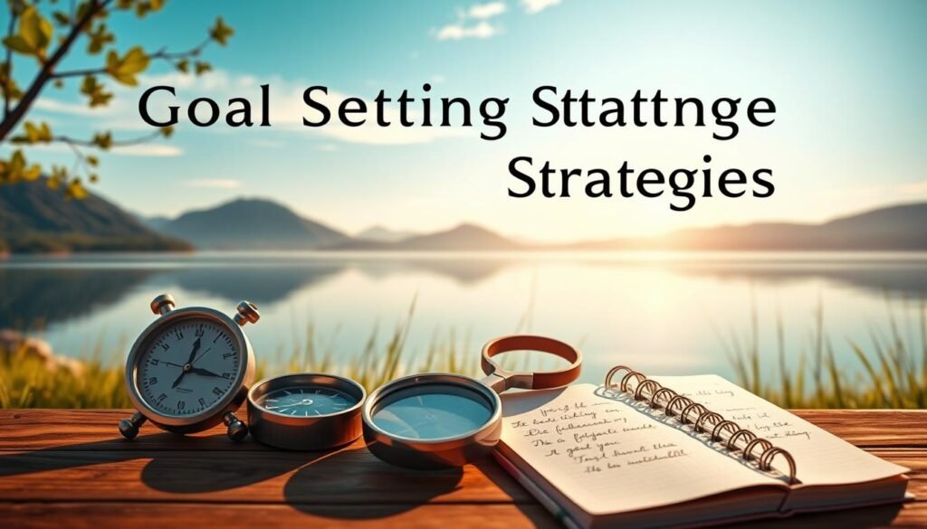 high-quality digital illustration of "Goal Setting Strategies", showing a calm, peaceful nature scene with a serene lake and mountains in the background. In the foreground, there are various goal-setting related objects, such as a compass, a magnifying glass, a clock, and a notebook with hand-written notes. The lighting is soft and natural, creating a warm and inspiring atmosphere. The composition is well-balanced, with the objects in the foreground providing visual interest while the background scenery sets a calming and meditative tone. The overall image conveys the idea of thoughtful, strategic goal planning in a serene, contemplative setting.