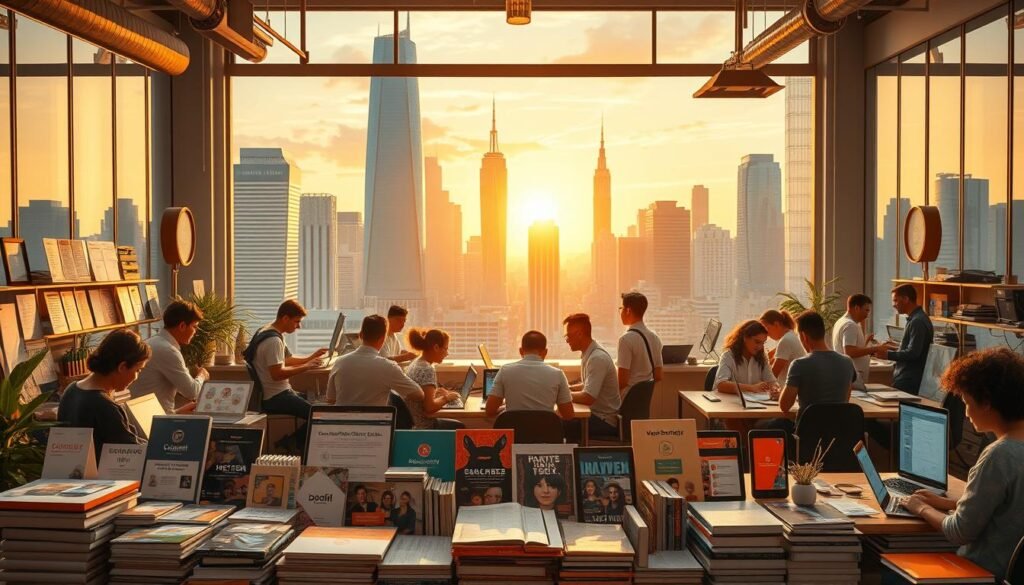 A bustling digital workspace with content creators and freelancers showcasing their diverse offerings. In the foreground, a collection of digital products and assets like graphics, templates, tutorials, and scripts. In the middle ground, creators collaborating on projects, sharing ideas, and working on their laptops. The background features a vibrant cityscape with skyscrapers, modern architecture, and a sunset glow. The scene is lit by a warm, natural light, creating a sense of productivity, creativity, and inspiration. The overall mood is one of a thriving digital economy, where independent professionals thrive by sharing their specialized skills and expertise.