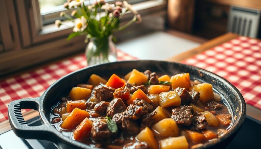 A cozy kitchen counter showcases a sizzling one-pot skillet, brimming with hearty beef stew. The rich aroma fills the air, tempting the senses. In the foreground, chunks of tender beef, potatoes, carrots, and onions mingle in a thick, savory gravy. Subtle hints of garlic, thyme, and bay leaves accent the dish. The background features a rustic wooden table, with a checkered cloth and a vase of fresh wildflowers, creating a warm, inviting atmosphere. The scene is illuminated by soft, golden lighting, casting a comforting glow over the entire composition. The camera angle captures the skillet at a slight angle, highlighting the depth and texture of the ingredients.