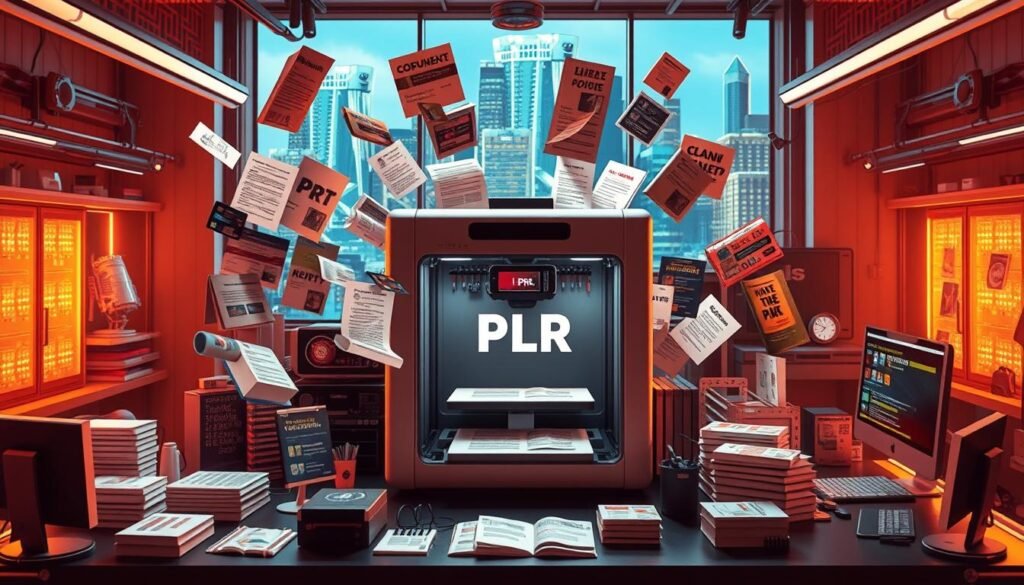 A digital workshop filled with transforming PLR assets - documents, e-books, graphics, and multimedia files morphing into various digital products. A central 3D printer-like device prints and assembles these elements into an array of finished offerings: online courses, membership sites, webinars, and digital downloads. Warm, saturated lighting casts a futuristic glow, while the background features a cityscape of gleaming skyscrapers and networked computers. The scene conveys the potential of repurposing PLR to create unique, high-value digital products. A digital workshop filled with transforming PLR assets - documents, e-books, graphics, and multimedia files morphing into various digital products. A central 3D printer-like device prints and assembles these elements into an array of finished offerings: online courses, membership sites, webinars, and digital downloads. Warm, saturated lighting casts a futuristic glow, while the background features a cityscape of gleaming skyscrapers and networked computers. The scene conveys the potential of repurposing PLR to create unique, high-value digital products.