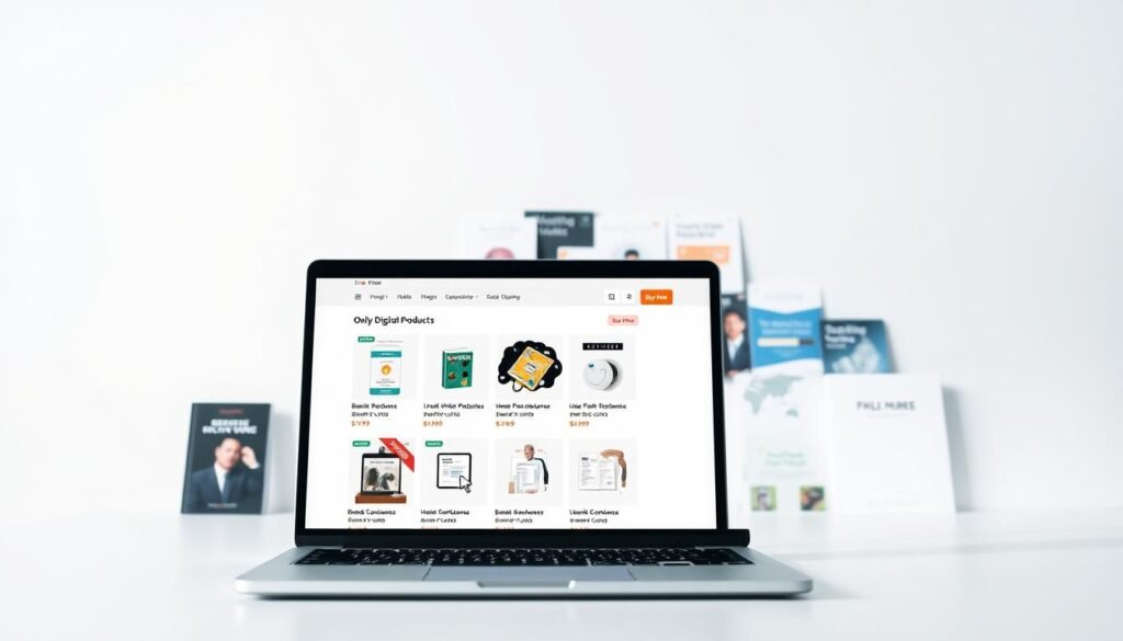 A modern, minimalist e-commerce website showcasing a variety of digital products against a clean white backdrop. In the foreground, a laptop displays an online store interface with sleek product images, pricing, and a prominent "Buy Now" button. The middle ground features various digital assets such as ebooks, software, and online courses neatly arranged, hinting at the diverse offerings available. The background subtly incorporates a geometric pattern or subtle texture, lending a sense of professionalism and attention to detail. The overall scene is bathed in soft, diffused lighting, creating a calm and inviting atmosphere for potential customers to explore and make purchases. A modern, minimalist e-commerce website showcasing a variety of digital products against a clean white backdrop. In the foreground, a laptop displays an online store interface with sleek product images, pricing, and a prominent "Buy Now" button. The middle ground features various digital assets such as ebooks, software, and online courses neatly arranged, hinting at the diverse offerings available. The background subtly incorporates a geometric pattern or subtle texture, lending a sense of professionalism and attention to detail. The overall scene is bathed in soft, diffused lighting, creating a calm and inviting atmosphere for potential customers to explore and make purchases.