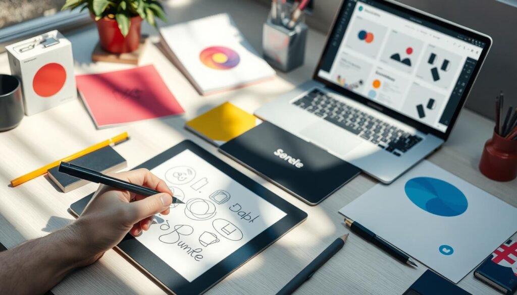 A neatly arranged workspace with a laptop, graphics tablet, and various stationery items. Vibrant branding elements like shapes, patterns, and colors are prominently displayed, creating a cohesive visual identity. Natural lighting casts soft shadows, highlighting the tactile nature of the materials. In the foreground, a hand sketches design concepts on the tablet, while in the background, sample templates and mockups are visible on the laptop screen. The overall atmosphere conveys a sense of creativity, professionalism, and attention to detail in the process of customizing a brand's visual identity. A neatly arranged workspace with a laptop, graphics tablet, and various stationery items. Vibrant branding elements like shapes, patterns, and colors are prominently displayed, creating a cohesive visual identity. Natural lighting casts soft shadows, highlighting the tactile nature of the materials. In the foreground, a hand sketches design concepts on the tablet, while in the background, sample templates and mockups are visible on the laptop screen. The overall atmosphere conveys a sense of creativity, professionalism, and attention to detail in the process of customizing a brand's visual identity.