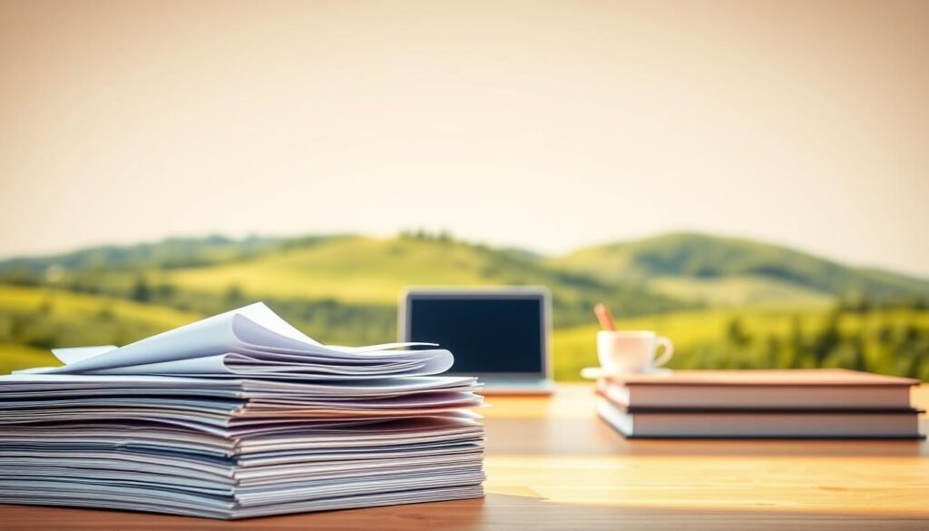 A refreshing and vibrant PLR format, featuring a clean, modern layout with crisp typography and a soothing color palette. In the foreground, a stack of neatly organized documents, their pages rustling lightly in a soft breeze. The middle ground showcases a serene, minimalist workspace, with a laptop and a cup of coffee, conveying a sense of productivity and focus. In the background, a lush, verdant landscape, with gentle hills and a clear blue sky, creating a calming, natural atmosphere. Warm, diffused lighting illuminates the scene, casting a warm glow and highlighting the attention to detail in the design. The overall impression is one of simplicity, professionalism, and a renewed energy to elevate the PLR content.
