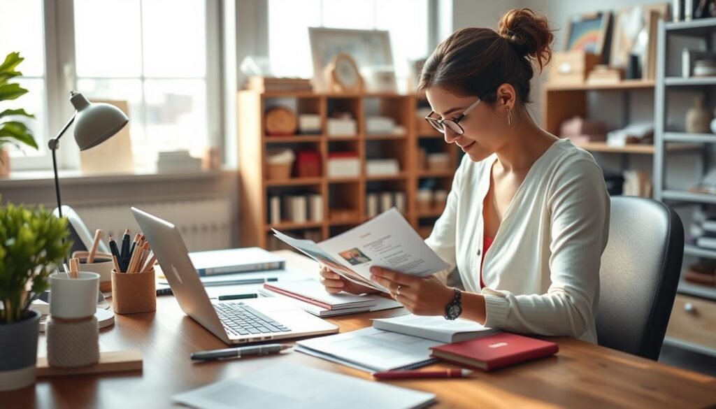 A serene office setting with a wooden desk, a laptop, and various stationery items. In the foreground, an Etsy seller carefully examines product samples and customer reviews, contemplating the ideal niche for their shop. Soft natural light filters through a large window, casting a warm glow on the scene. The background features shelves filled with craft supplies, inspiring the entrepreneur's creative process. The overall atmosphere conveys a sense of focus, exploration, and the pursuit of a fulfilling Etsy business venture. A serene office setting with a wooden desk, a laptop, and various stationery items. In the foreground, an Etsy seller carefully examines product samples and customer reviews, contemplating the ideal niche for their shop. Soft natural light filters through a large window, casting a warm glow on the scene. The background features shelves filled with craft supplies, inspiring the entrepreneur's creative process. The overall atmosphere conveys a sense of focus, exploration, and the pursuit of a fulfilling Etsy business venture.