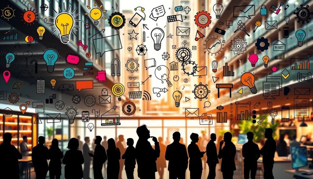 A vibrant collage of entrepreneurial ideas, captured in a dynamic composition. In the foreground, a diverse array of colorful icons, symbols, and sketches representing creative business concepts - from lightbulbs and dollar signs to gears and puzzle pieces. The middle ground features silhouettes of entrepreneurs deep in thought, with hands gesturing ideas. The background blends an urban landscape with coworking spaces, coffee shops, and tech-savvy workspaces, all bathed in warm, natural lighting. The overall atmosphere exudes a sense of possibility, innovation, and the boundless potential of entrepreneurial spirit. A vibrant collage of entrepreneurial ideas, captured in a dynamic composition. In the foreground, a diverse array of colorful icons, symbols, and sketches representing creative business concepts - from lightbulbs and dollar signs to gears and puzzle pieces. The middle ground features silhouettes of entrepreneurs deep in thought, with hands gesturing ideas. The background blends an urban landscape with coworking spaces, coffee shops, and tech-savvy workspaces, all bathed in warm, natural lighting. The overall atmosphere exudes a sense of possibility, innovation, and the boundless potential of entrepreneurial spirit.
