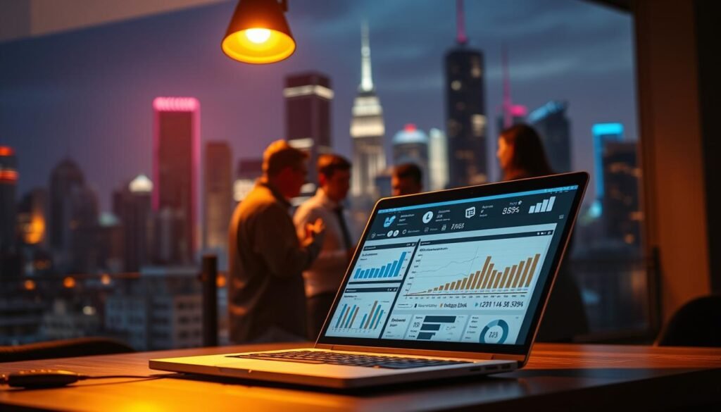 A vibrant digital marketing scene, bathed in warm lighting from an overhead spotlight. In the foreground, a laptop displays an array of digital marketing tools - social media icons, analytic dashboards, and digital advertising platforms. In the middle ground, a team of marketers collaborate, discussing strategies and analyzing data. The background features a cityscape with skyscrapers, conveying a sense of a bustling, digital-centric environment. The overall mood is one of productivity, innovation, and the power of effective digital marketing to drive business success.