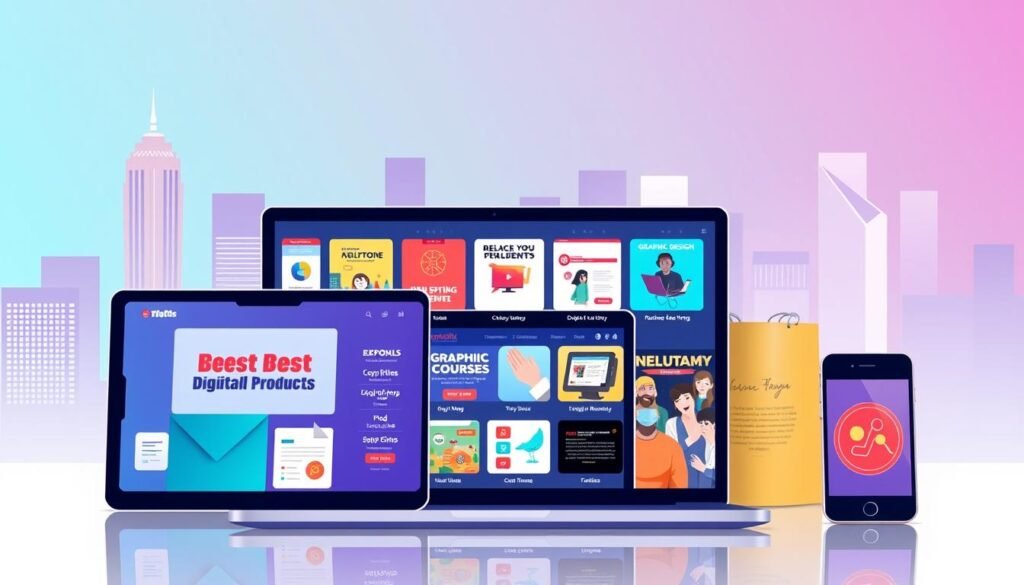 A vibrant, high-resolution digital illustration showcasing a diverse range of best-selling digital products. In the foreground, a sleek, minimalist laptop displays various digital items such as e-books, online courses, graphic design templates, and digital artwork. In the middle ground, a tablet and smartphone are presented, further highlighting the versatility of digital products. The background features a stylized cityscape with skyscrapers, symbolizing the global reach and accessibility of these digital offerings. The overall scene conveys a sense of professionalism, innovation, and the vast potential of the digital economy. A vibrant, high-resolution digital illustration showcasing a diverse range of best-selling digital products. In the foreground, a sleek, minimalist laptop displays various digital items such as e-books, online courses, graphic design templates, and digital artwork. In the middle ground, a tablet and smartphone are presented, further highlighting the versatility of digital products. The background features a stylized cityscape with skyscrapers, symbolizing the global reach and accessibility of these digital offerings. The overall scene conveys a sense of professionalism, innovation, and the vast potential of the digital economy.