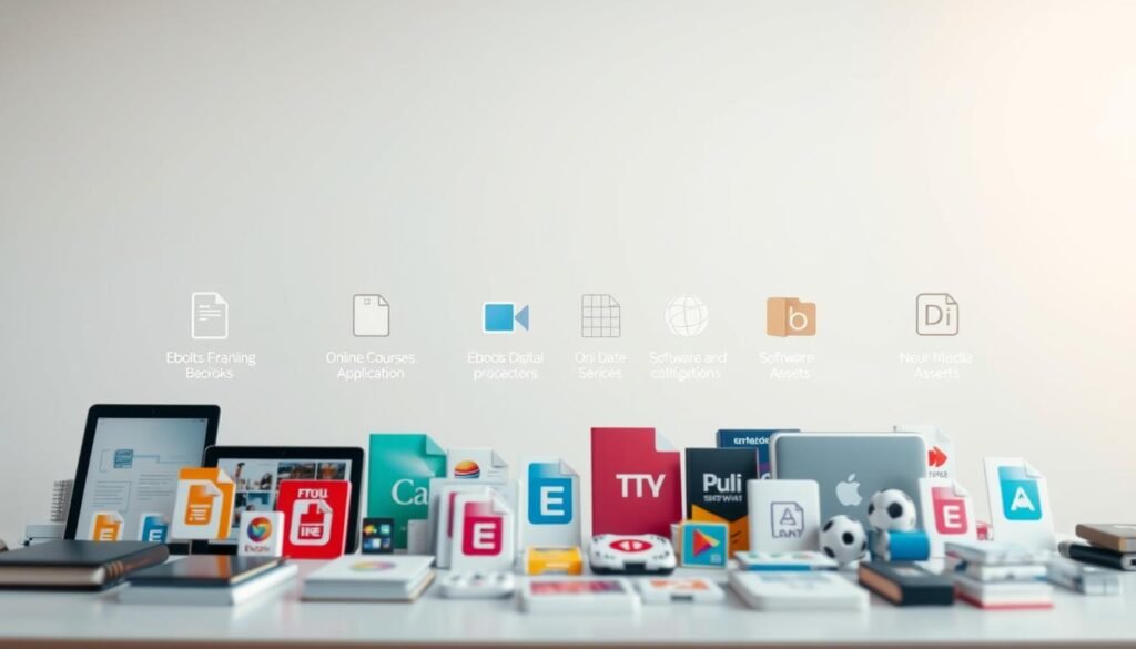 A well-lit, high-resolution image showcasing a variety of popular digital product formats. In the foreground, a diverse array of digital files and icons representing ebooks, online courses, software applications, and multimedia assets. In the middle ground, a sleek, minimal display with clean typography highlights the different file types and their key features. The background features a soft, blurred gradient in soothing tones, creating a professional, informative atmosphere. The overall composition conveys a sense of organization, accessibility, and the versatility of digital products. A well-lit, high-resolution image showcasing a variety of popular digital product formats. In the foreground, a diverse array of digital files and icons representing ebooks, online courses, software applications, and multimedia assets. In the middle ground, a sleek, minimal display with clean typography highlights the different file types and their key features. The background features a soft, blurred gradient in soothing tones, creating a professional, informative atmosphere. The overall composition conveys a sense of organization, accessibility, and the versatility of digital products.