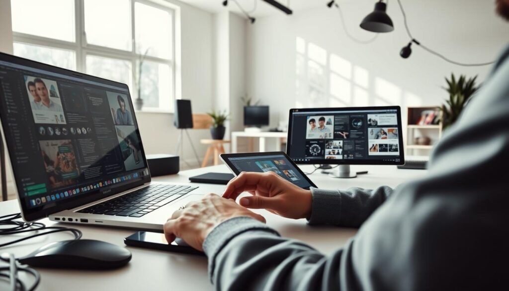 A well-lit, high-resolution studio scene showcasing the process of crafting digital products. In the foreground, a designer's hands meticulously manipulate design software, creating intricate user interfaces and graphics. In the middle ground, a sleek, minimalist desktop setup with a high-end laptop, tablet, and various digital tools. The background features a clean, airy space with large windows letting in natural light, accentuating the sense of focus and productivity. The overall mood is one of professionalism, creativity, and attention to detail - capturing the essence of creating high-quality digital products. A well-lit, high-resolution studio scene showcasing the process of crafting digital products. In the foreground, a designer's hands meticulously manipulate design software, creating intricate user interfaces and graphics. In the middle ground, a sleek, minimalist desktop setup with a high-end laptop, tablet, and various digital tools. The background features a clean, airy space with large windows letting in natural light, accentuating the sense of focus and productivity. The overall mood is one of professionalism, creativity, and attention to detail - capturing the essence of creating high-quality digital products.