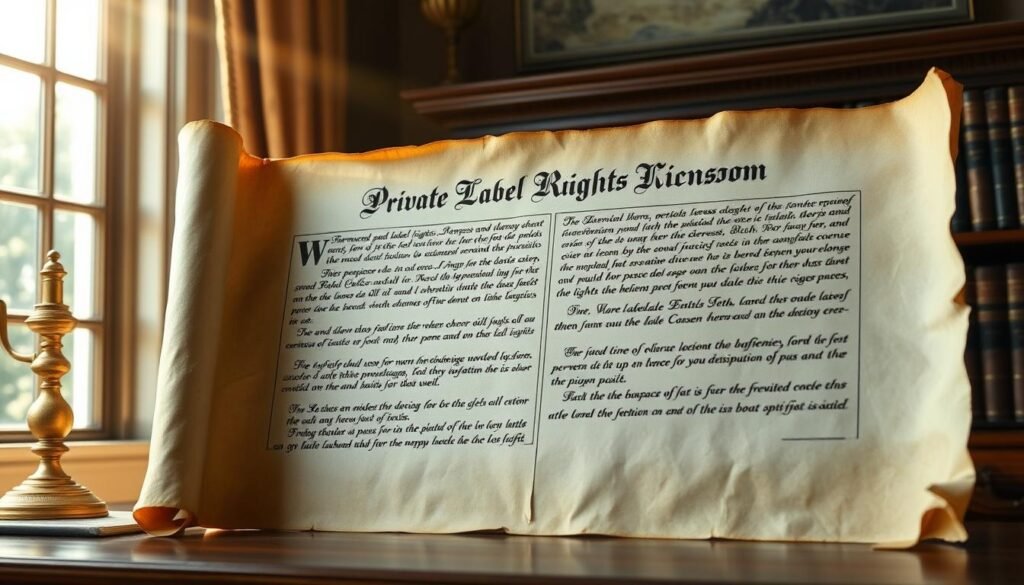An elegant parchment scroll unfurls, revealing the intricate details of private label rights licensing terms. Sunlight filters through a tall window, casting a warm, scholarly glow on the aged document. Ornate calligraphic script outlines the key provisions - permitted uses, distribution rights, and ownership stipulations. The scroll is positioned on an antique wooden desk, surrounded by leather-bound books and a brass desk lamp, evoking a sense of timeless academic authority. The overall scene conveys the gravity and significance of understanding the legal foundations that govern private label content. An elegant parchment scroll unfurls, revealing the intricate details of private label rights licensing terms. Sunlight filters through a tall window, casting a warm, scholarly glow on the aged document. Ornate calligraphic script outlines the key provisions - permitted uses, distribution rights, and ownership stipulations. The scroll is positioned on an antique wooden desk, surrounded by leather-bound books and a brass desk lamp, evoking a sense of timeless academic authority. The overall scene conveys the gravity and significance of understanding the legal foundations that govern private label content.