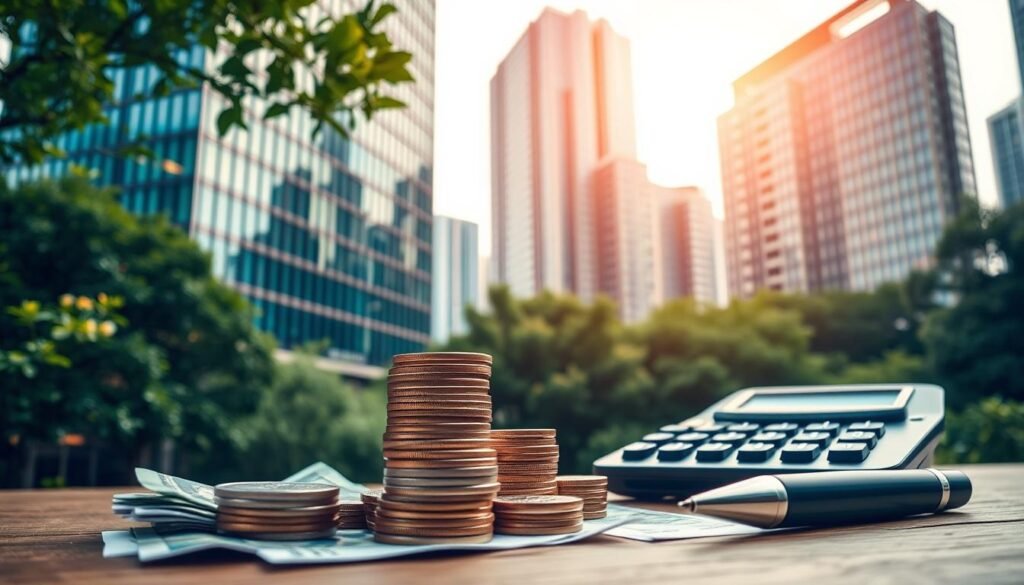 Stocks dividend earnings: a financial landscape captured in detail. Elegant high-rise buildings with glass facades reflect the bustling stock exchange, surrounded by lush greenery. In the foreground, a stack of coins and banknotes symbolize dividend payouts, while a calculator and pen represent the careful analysis of financial data. Soft, warm lighting bathes the scene, evoking a sense of profitability and growth. The composition is balanced, with the architectural elements providing a sense of stability and the financial instruments suggesting the dynamism of the market. An atmosphere of opportunity and wealth pervades the image, inviting the viewer to explore the intricacies of stocks, dividends, and financial independence. Stocks dividend earnings: a financial landscape captured in detail. Elegant high-rise buildings with glass facades reflect the bustling stock exchange, surrounded by lush greenery. In the foreground, a stack of coins and banknotes symbolize dividend payouts, while a calculator and pen represent the careful analysis of financial data. Soft, warm lighting bathes the scene, evoking a sense of profitability and growth. The composition is balanced, with the architectural elements providing a sense of stability and the financial instruments suggesting the dynamism of the market. An atmosphere of opportunity and wealth pervades the image, inviting the viewer to explore the intricacies of stocks, dividends, and financial independence.