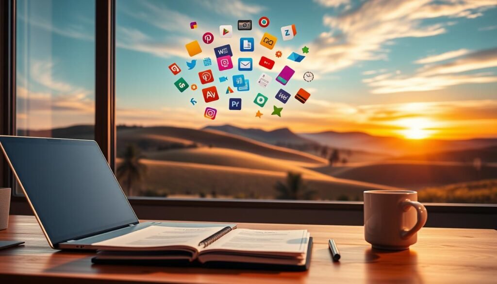 A meticulously composed image showcasing the intricacies of monetizing Canva courses and consulting. In the foreground, a well-appointed home office setup with a sleek laptop, a stack of course materials, and a mug of coffee, conveying an atmosphere of productivity and professionalism. The middle ground features a floating array of colorful Canva design elements, hinting at the creative potential of the offerings. In the background, a serene landscape with rolling hills and a vibrant sunset, evoking a sense of tranquility and balance. Soft, warm lighting casts an inviting glow, while the camera angle is positioned to capture the scene in a dynamic, three-dimensional perspective.