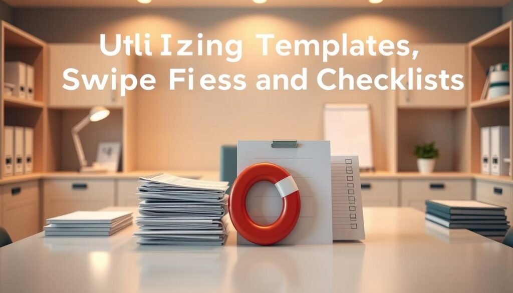 A professional, well-organized workspace with a prominent central desk. On the desk, there are various office supplies - a stack of templates, a bundle of swipe files, a checklist pad, and a lead magnet positioned prominently. Soft, warm lighting illuminates the scene, creating a productive and inspiring atmosphere. The background features neutral-toned shelves and cabinets, conveying a sense of organization and efficiency. The overall composition emphasizes the key elements of the section title, "Utilizing Templates, Swipe Files, and Checklists", in a visually appealing and cohesive manner.