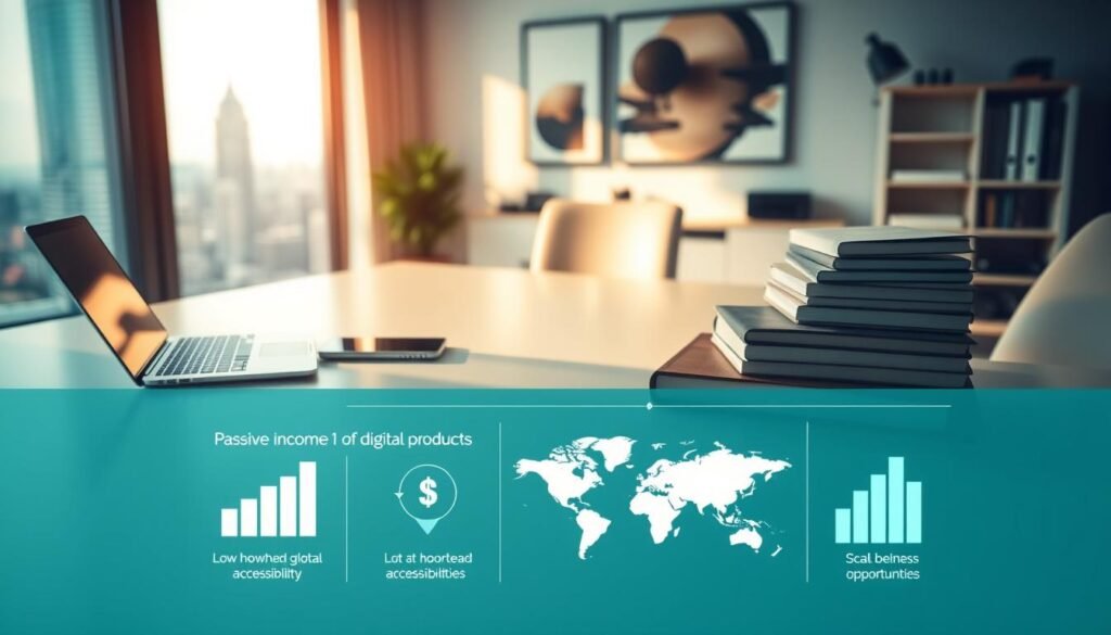 A serene home office setting, with a large desk showcasing a laptop, smartphone, and a stack of digital devices. The space is bathed in warm, natural lighting, accentuating the modern, minimalist decor. In the foreground, a stylized infographic depicts the passive income potential of digital products, with charts and icons illustrating the low overhead, global accessibility, and scalability of this business model. The background features a blurred cityscape, symbolizing the boundless opportunities available in the digital economy. The overall composition conveys a sense of efficiency, productivity, and financial freedom associated with passive income from digital goods. A serene home office setting, with a large desk showcasing a laptop, smartphone, and a stack of digital devices. The space is bathed in warm, natural lighting, accentuating the modern, minimalist decor. In the foreground, a stylized infographic depicts the passive income potential of digital products, with charts and icons illustrating the low overhead, global accessibility, and scalability of this business model. The background features a blurred cityscape, symbolizing the boundless opportunities available in the digital economy. The overall composition conveys a sense of efficiency, productivity, and financial freedom associated with passive income from digital goods.