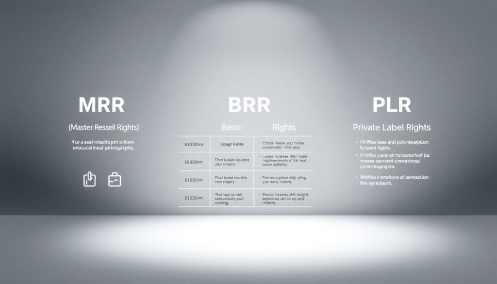 A sleek, minimalist infographic with three distinct sections showcasing the key differences between MRR (Master Resell Rights), BRR (Basic Resell Rights), and PLR (Private Label Rights). The foreground features clean typography and simple icons to convey the core concepts. The middle ground highlights comparative statistics and usage rights in a clear, organized layout. The background is a subtle, gradient-based design that creates visual depth and a sense of sophistication. Soft, indirect lighting illuminates the scene, casting gentle shadows that add depth and dimension. The overall tone is professional, educational, and designed to clearly illustrate the nuances between these crucial licensing models. A sleek, minimalist infographic with three distinct sections showcasing the key differences between MRR (Master Resell Rights), BRR (Basic Resell Rights), and PLR (Private Label Rights). The foreground features clean typography and simple icons to convey the core concepts. The middle ground highlights comparative statistics and usage rights in a clear, organized layout. The background is a subtle, gradient-based design that creates visual depth and a sense of sophistication. Soft, indirect lighting illuminates the scene, casting gentle shadows that add depth and dimension. The overall tone is professional, educational, and designed to clearly illustrate the nuances between these crucial licensing models.