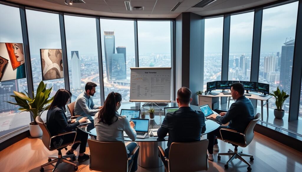 A sleek, modern office setting with a large, curved glass facade overlooking a vibrant cityscape. In the foreground, a group of professionals collaborating around a glass-topped conference table, using laptops and tablets to develop and refine a digital product roadmap. Soft, indirect lighting casts a warm glow, while strategically placed potted plants and abstract artwork add touches of color and personality. The middle ground features a standing whiteboard displaying a detailed project timeline and milestones. In the background, a bank of computers and monitors, indicating the technical infrastructure powering the digital product business platform. The overall atmosphere conveys a sense of focus, innovation, and efficiency. A sleek, modern office setting with a large, curved glass facade overlooking a vibrant cityscape. In the foreground, a group of professionals collaborating around a glass-topped conference table, using laptops and tablets to develop and refine a digital product roadmap. Soft, indirect lighting casts a warm glow, while strategically placed potted plants and abstract artwork add touches of color and personality. The middle ground features a standing whiteboard displaying a detailed project timeline and milestones. In the background, a bank of computers and monitors, indicating the technical infrastructure powering the digital product business platform. The overall atmosphere conveys a sense of focus, innovation, and efficiency.