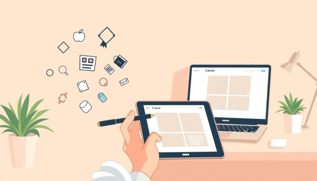 A step-by-step process of template creation, captured in a crisp, clean digital illustration. In the foreground, a hand holds a tablet, stylus poised, as various Canva design elements - shapes, typography, icons - float around, waiting to be arranged. The middle ground features a desktop workspace, with an open Canva template on a laptop screen, guides and grids visible. In the background, a softly lit, minimalist office space sets the scene, hinting at the professional, streamlined nature of the template creation workflow. Warm, neutral tones create a calming, productive atmosphere, inviting the viewer to imagine themselves in this efficient, inspirational design process. A step-by-step process of template creation, captured in a crisp, clean digital illustration. In the foreground, a hand holds a tablet, stylus poised, as various Canva design elements - shapes, typography, icons - float around, waiting to be arranged. The middle ground features a desktop workspace, with an open Canva template on a laptop screen, guides and grids visible. In the background, a softly lit, minimalist office space sets the scene, hinting at the professional, streamlined nature of the template creation workflow. Warm, neutral tones create a calming, productive atmosphere, inviting the viewer to imagine themselves in this efficient, inspirational design process.