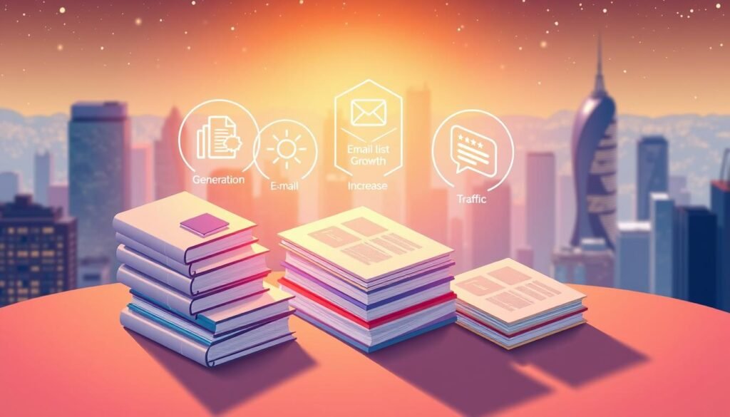 A vibrant, isometric illustration showcasing the key benefits of a PLR lead magnet. In the foreground, a stack of digital files and documents represent the high-quality, customizable content. In the middle ground, glowing icons symbolize lead generation, email list growth, and increased website traffic. In the background, a cityscape with modern skyscrapers and a starry night sky conveys the sense of scale and impact a PLR lead magnet can have on a business's marketing strategy. Warm, soft lighting casts a glow over the scene, creating an inviting and motivational atmosphere.