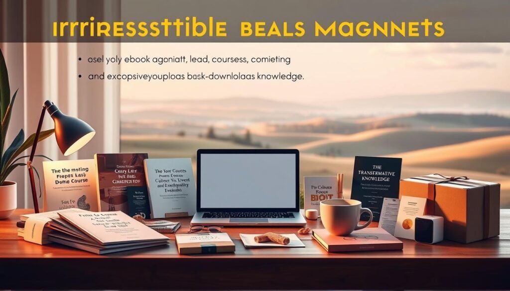 A visually captivating image of irresistible lead magnets and incentives. In the foreground, a collection of digital and physical products are elegantly displayed, including ebooks, online courses, subscription boxes, and exclusive content downloads. The middle ground features a serene workspace with a laptop, stylish office supplies, and a cup of coffee, conveying a sense of productivity and focus. In the background, a soft, pastel-toned landscape with rolling hills and a calming sky, creating an atmosphere of tranquility and inspiration. Warm, natural lighting bathes the scene, enhancing the appealing, high-quality feel of the lead magnets. The overall composition evokes a sense of desirability, value, and the promise of transformative knowledge or experiences for the viewer.