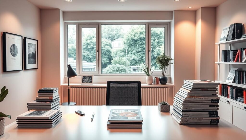 A well-lit, modern home office scene. On a sleek, minimalist desk, a laptop, tablet, and various digital design tools are arranged neatly. Stacks of neatly organized ebook templates and digital product mockups sit nearby. The walls are adorned with framed artwork and shelves displaying inspirational design books. Warm, indirect lighting casts a cozy glow, and large windows offer a view of a lush, urban landscape. A sense of focus, creativity, and productivity permeates the space. A well-lit, modern home office scene. On a sleek, minimalist desk, a laptop, tablet, and various digital design tools are arranged neatly. Stacks of neatly organized ebook templates and digital product mockups sit nearby. The walls are adorned with framed artwork and shelves displaying inspirational design books. Warm, indirect lighting casts a cozy glow, and large windows offer a view of a lush, urban landscape. A sense of focus, creativity, and productivity permeates the space.
