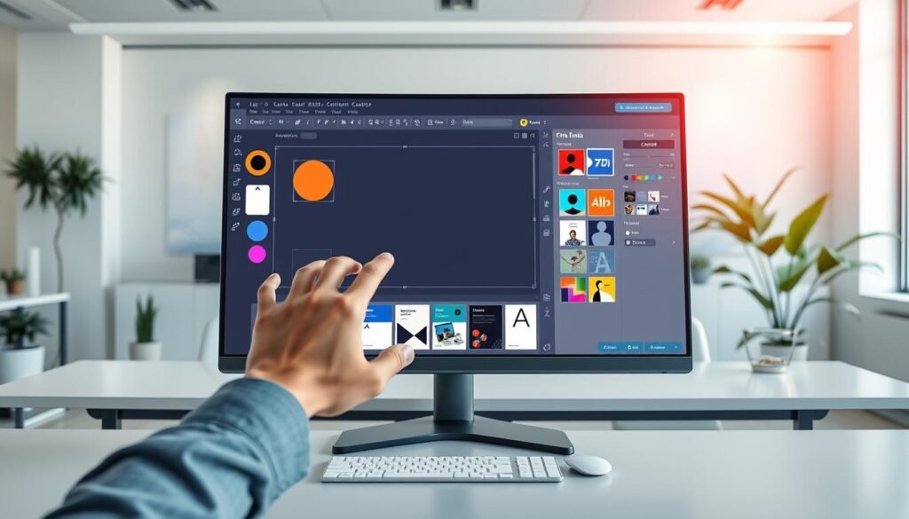 A well-lit, photorealistic digital workspace showcasing the Canva template design process. In the foreground, a designer's hands thoughtfully arrange shapes, colors, and typography on a sleek, high-resolution display. The middle ground features an array of Canva interface elements, including a central content editor, side toolbars, and a library of design assets. The background depicts a serene, minimalist office environment with clean lines, soft lighting, and hints of greenery, creating an atmosphere of focus and creativity. The overall scene conveys the seamless, intuitive experience of crafting captivating Canva templates. A well-lit, photorealistic digital workspace showcasing the Canva template design process. In the foreground, a designer's hands thoughtfully arrange shapes, colors, and typography on a sleek, high-resolution display. The middle ground features an array of Canva interface elements, including a central content editor, side toolbars, and a library of design assets. The background depicts a serene, minimalist office environment with clean lines, soft lighting, and hints of greenery, creating an atmosphere of focus and creativity. The overall scene conveys the seamless, intuitive experience of crafting captivating Canva templates.