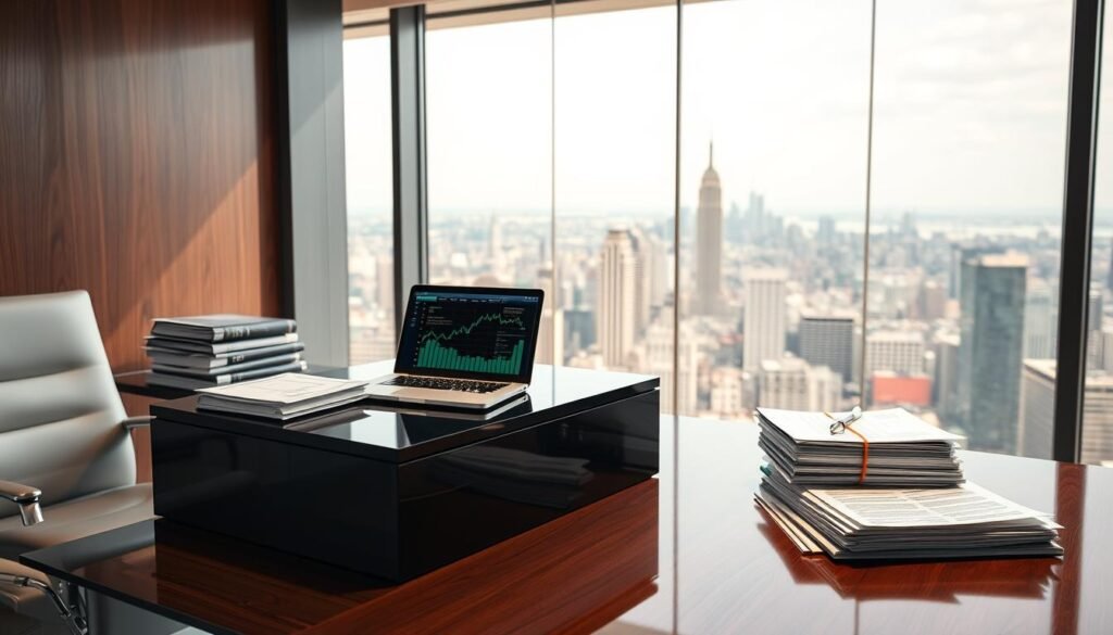 Resell rights business value: A sleek, modern office scene with an elegant desk, a laptop displaying financial data, and stacks of documents and contracts. The lighting is warm and inviting, creating a sense of professionalism and opportunity. In the background, a panoramic view of a bustling city skyline symbolizes the potential for growth and expansion. The overall atmosphere conveys the lucrative nature of a resell rights business, where digital assets can be leveraged for maximum profit.