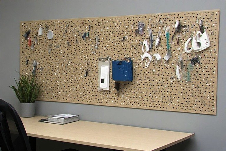 A floating desk mounted below a pegboard creates a complete workspace