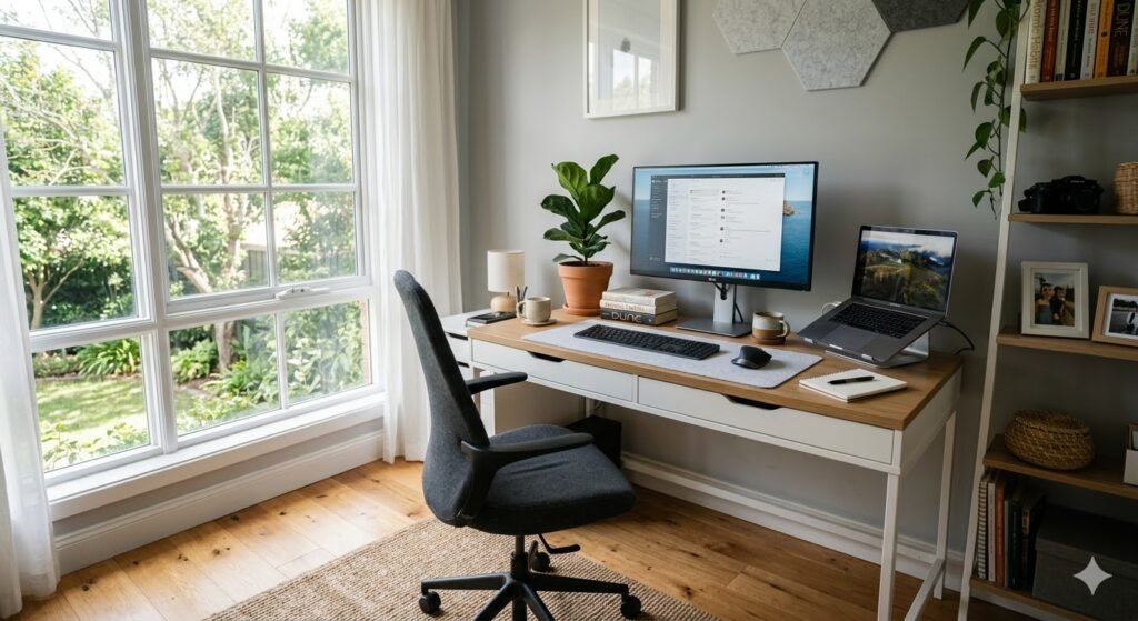A wide-angle, high-quality photograph of a bright, sunlit home office