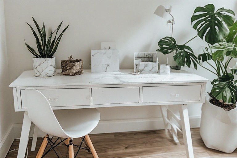 All-white minimalist desk with white chair, marble organizer, and potted plant